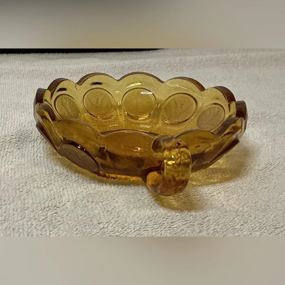 Fostoria Amber Coin Nappy Dish Glass 1887 Liberty Eagle Torch Pattern Handle Vtg